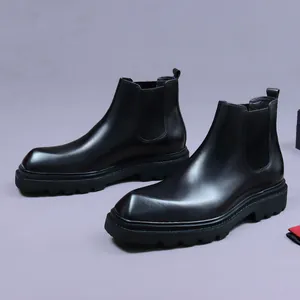 Men's black leather Chelsea boots with square toe and thick lug sole platform