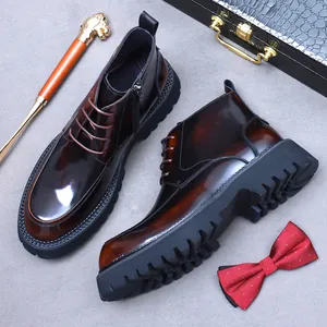 Men Martin Boots First Layer Cowhide British Style Height Increasing High Top Side Zipper Leather Boots Casual Business Shoes