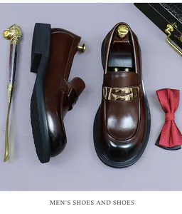 Detailed view of dark brown genuine leather loafers with metallic horsebit buckle