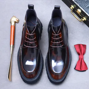 British style gradient brown leather platform boots with lace-up and side zipper design