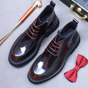 Mens dark brown leather high top boots with thick soles and side zippers