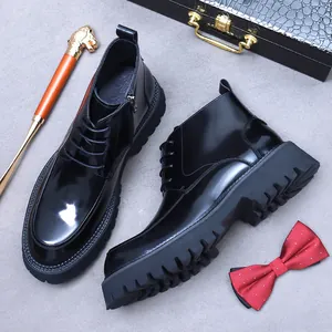 Polished black leather British style men's boots with thick non-slip rubber soles