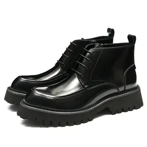 British style black leather high-top platform boots with side zipper and lug sole