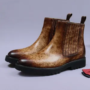 Men's Genuine Leather Chelsea Boots Retro Distressed Cowhide Martin Boots Business Casual Lug Sole Slip-on Boots For Men