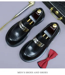 Flat lay of men's black leather loafers with metal buckle, bow tie and luxury cane