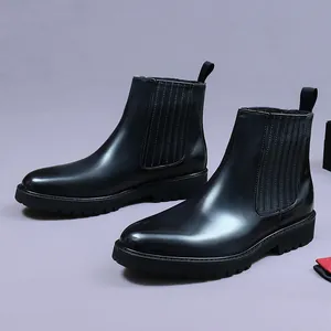 Classic black leather Chelsea boots with platform anti-slip sole and elastic side panels
