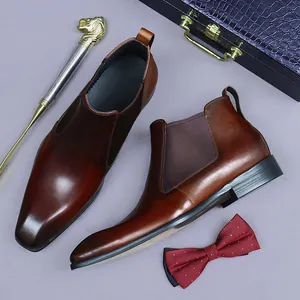 Bottines Chelsea en cuir marron poli pour homme avec gousset élastique et fini vintage