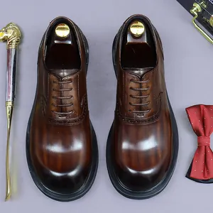 Brown leather brogue oxford shoes for men with vintage finish and rubber sole
