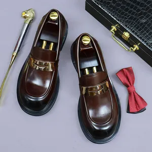 Mens dark brown genuine leather loafers with gold metal buckle and rubber soles