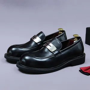 Men's black genuine leather platform loafers with silver metal buckle and round toe