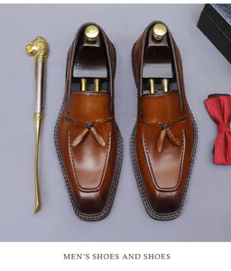 Bovenaanzicht van bruine leren loafers met kwastjes, schoenlepel en rode gestippelde strik