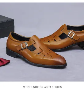Detailed view of brown leather woven sandals for men with silver buckle and low heel