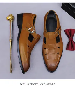 Detail of brown leather sandal showing woven texture and silver adjustable metal buckle