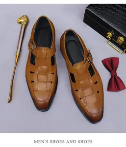 Macro detail of brown leather woven monk strap shoes with bronze buckle and classic texture