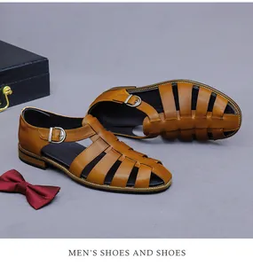 Detail of brown leather fisherman sandals featuring a woven upper and silver metal buckle