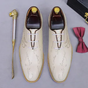 Off-white leather Oxford dress shoes with vintage Scritto calligraphy print and accessories