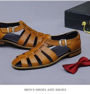 Macro detail of men's brown leather fisherman sandals with metallic buckle and woven texture