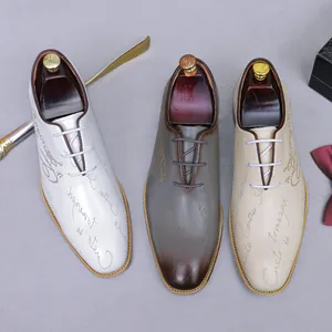 Three pairs of premium leather Oxford shoes with elegant handwritten text prints