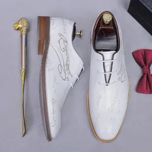 Formal white leather oxford shoes with vintage script print and brown soles for men