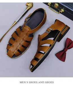 Detail view of brown leather cutout sandals with adjustable buckle and vintage style