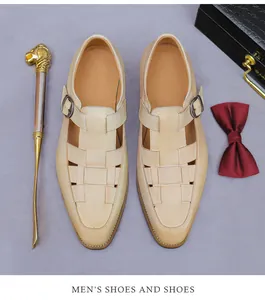 Detail view of beige woven leather monk strap sandal with premium metal buckle and shoehorn
