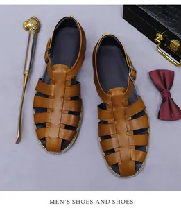 Brown leather men's sandals with woven straps, metal buckle, and luxury accessories