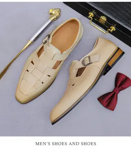 Detail of woven beige leather upper and metal buckle on men's vintage business sandals