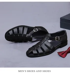 Detailed close-up of premium black woven leather fisherman sandals with a metal buckle