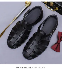 Macro shot of men's black woven leather sandals with adjustable metal buckle detail