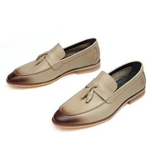 Mens khaki tassel loafers in genuine leather with vintage brown gradient toe finish