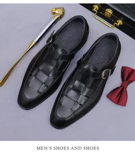 Detail of black woven leather sandals with buckle, next to a classic lion shoehorn