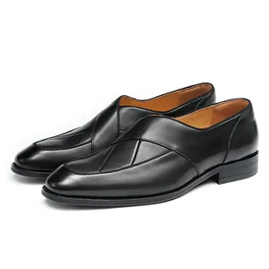 Classic black leather men's formal shoes with crisscross pattern and stitching