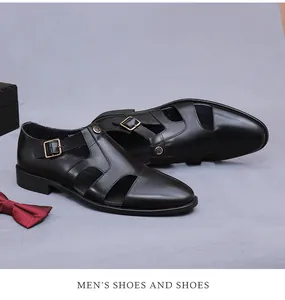 Detail of black leather business sandals featuring breathable cut-outs and golden buckle