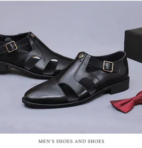 Detail view of breathable hollow leather shoes with gold buckle and formal gift box