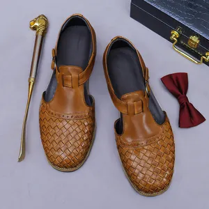Herren Oberste Schicht Rindsleder Gewebte Sandalen Business Casual Atmungsaktive T-Riemen Monk Strap Schuhe Mit Gummisohle Vintage Braun Schwarz