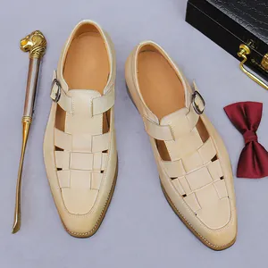 Men's Top Grain Cowhide Woven Sandals Monk Strap Hollow Out Business Casual Breathable Leather Shoes Vintage British Style