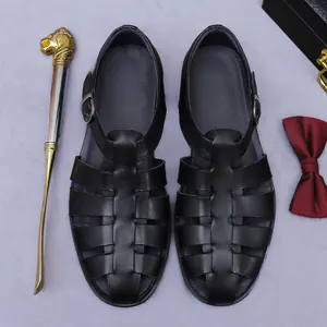 Classic black leather woven Roman sandals for men featuring adjustable side buckle and round toe
