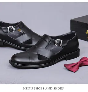 Sandalias de cuero para hombre estilo negocios con hebilla metálica y caja de regalo