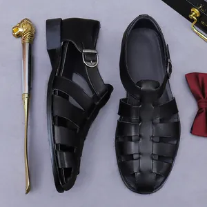 Classic black leather Roman sandals for men featuring adjustable metal buckles and buckles