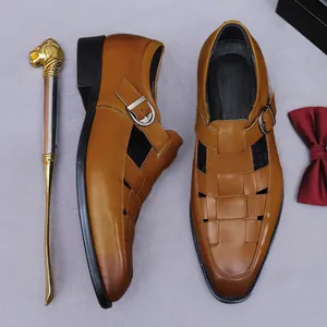 Brown leather woven monk strap sandals for men with vintage hollow out design and rubber sole