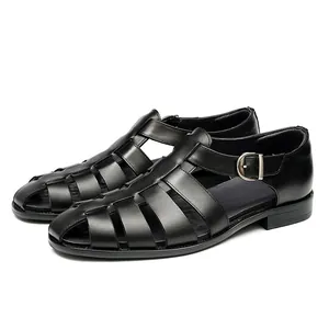 Classic black leather woven fisherman sandals for men with adjustable metal buckle strap