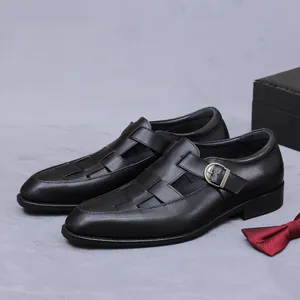 Men's black genuine leather hollow dress sandals with buckle on a premium gift background