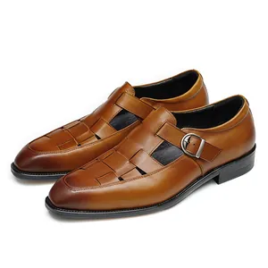 Men's retro caramel brown leather woven sandals with breathable hollow cutouts and buckle
