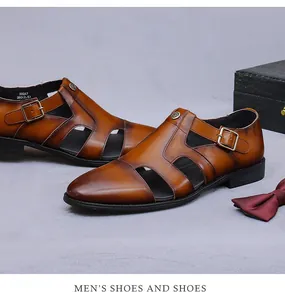 Detail of brown leather men's hollow sandal with vintage finish and buckle strap close-up
