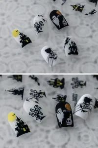 Stickers ongles 5D Halloween avec détails de silhouettes mates de château et fantôme