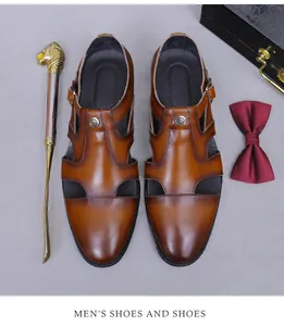 Detail view of brown leather cutout sandals with metal buckle and luxury accessories