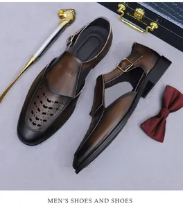 Detailed close-up of men's leather sandals featuring breathable diamond-cut hollow patterns