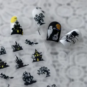 Autocollants 5D pour ongles d'Halloween avec château hanté et silhouettes de sorcières