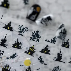 Stickers ongles 5D Halloween avec silhouettes de maisons hantées et sorcières
