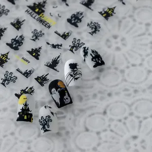 Stickers ongles 5D Halloween avec motifs de château, sorcière et fantôme pour manucure
